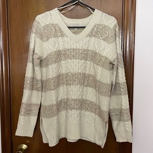 Cream and Taupe Striped Cable Knit Sweater